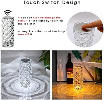 16 Colors Diamond Rose Crystal Lamp Bedside Acrylic USB Rechargeable Table Lamp